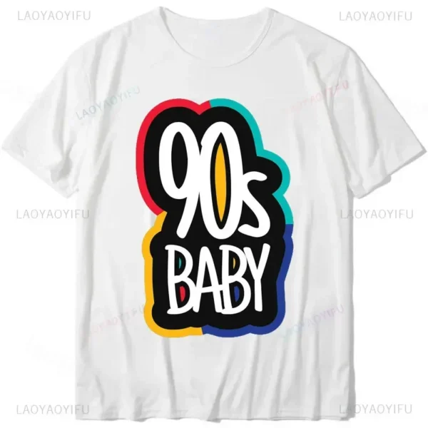 Woman wearing a white 'I Love The 90s / Take Me Back To The 90s' retro graphic tee against a plain background.