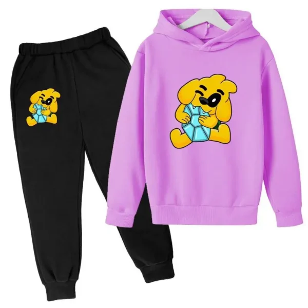 Kids tracksuit set with cute dog print on grey pullover hoodie and matching pants for boys and girls (ages 2-13).