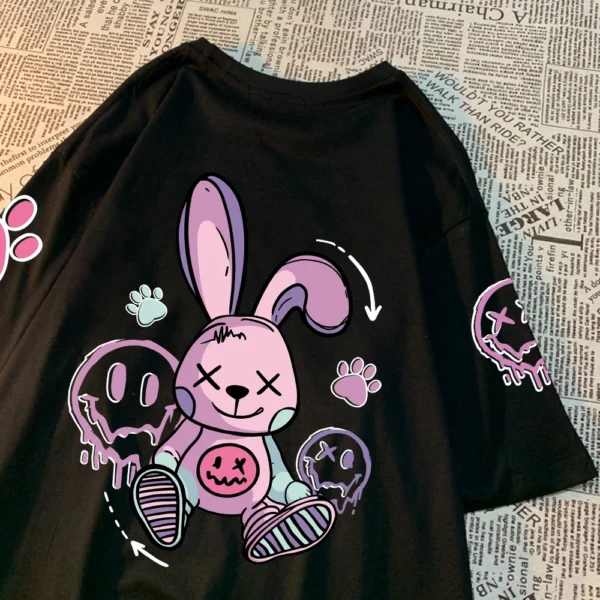 Women's casual t-shirt with a cool cartoon rabbit graphic print. Soft streetwear style tee.