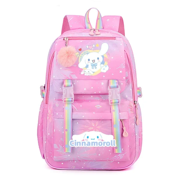 Front view of the MINISO Kuromi & Cinnamoroll backpack showing the cute character print on a large nylon bag.