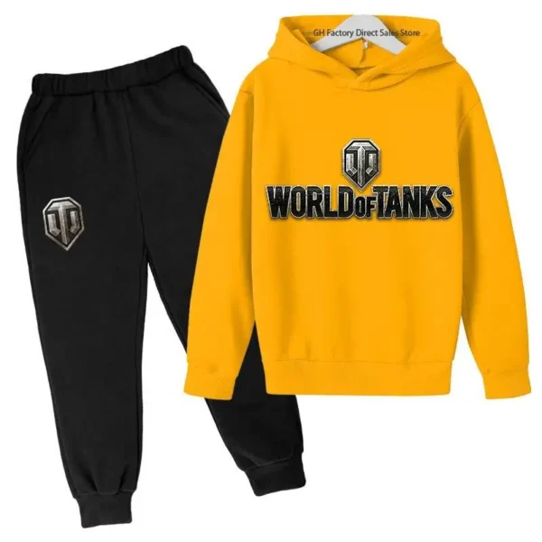Kid wearing World of Tanks gaming tracksuit set with pullover hoodie and matching joggers - suitable for boys and girls.
