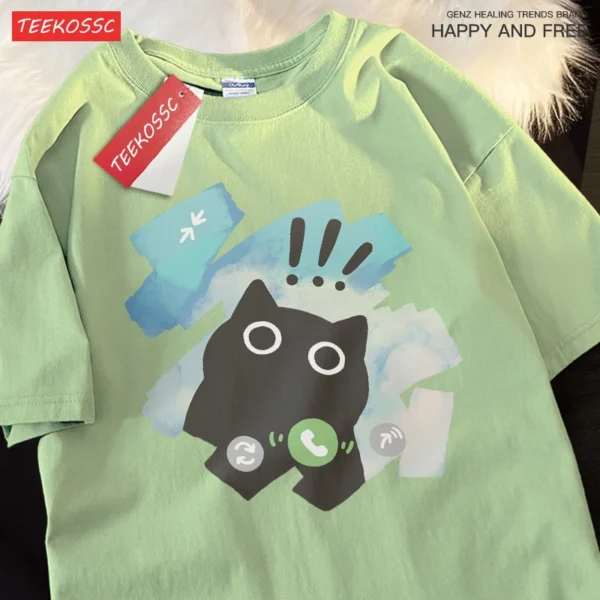 Woman wearing a cute scared cat graphic t-shirt.