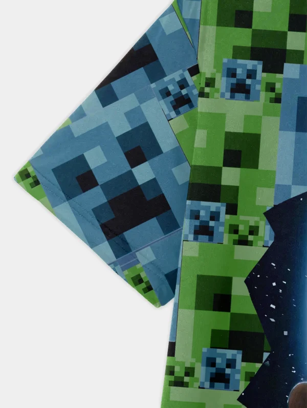 Front view of boys' short sleeve Minecraft t-shirt with colorful cartoon gaming print.