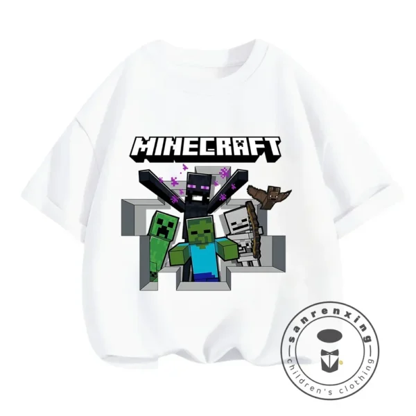 Young boy wearing a blue short-sleeve t-shirt with a large colourful graphic of the Minecraft character CatNap on the front.