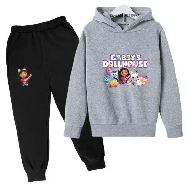 Gabby's Dollhouse kids tracksuit with colourful cartoon print hoodie and matching jogger pants for boys and girls ages 3-13.