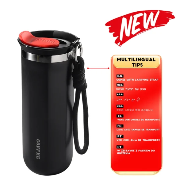 Stainless steel insulated travel mug with leakproof lid for coffee or water.