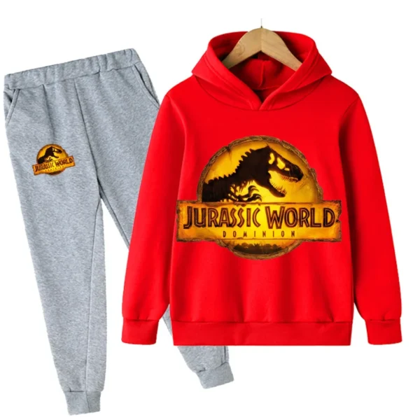 Child wearing fun dinosaur print hoodie and matching pants set - outfit for boys and girls.