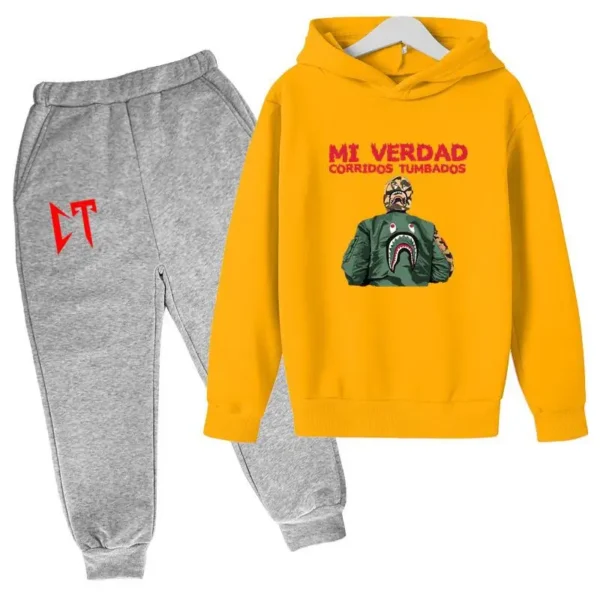 Kids unisex Corridos Tumbados print tracksuit set with pullover hoodie and pants - front view.