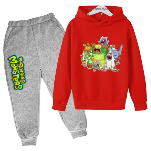 Kids My Singing Monsters tracksuit set featuring character print hoodie and matching pants for boys and girls ages 3-14. ```