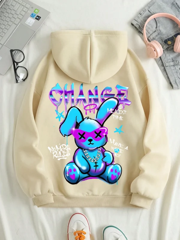 Women's oversized kawaii streetwear sweatshirt with rabbit cartoon print and cozy artificial fur lining.