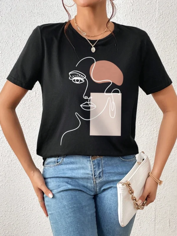 White 100% cotton women's t-shirt featuring a black minimalist artistic face print. Casual short sleeve crew neck graphic tee.