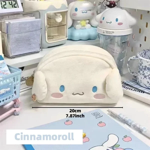 MINISO cute flannel pouch featuring Hello Kitty and Cinnamoroll cartoon design.