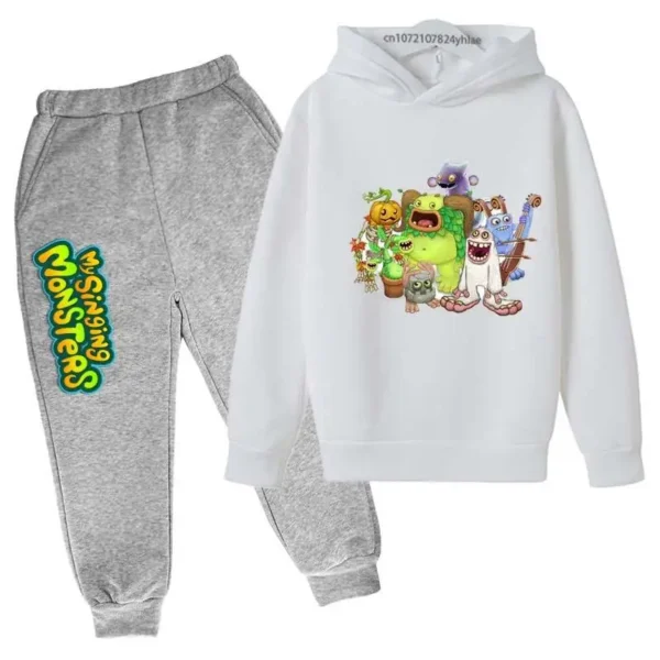 Kids My Singing Monsters tracksuit set featuring character print hoodie and matching pants for boys and girls ages 3-14. ```