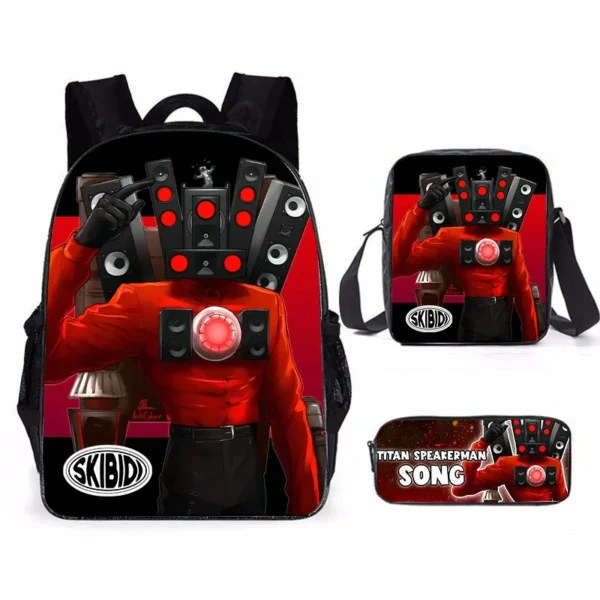 3-piece Skibidi Toilet backpack set for boys with Titan Drillman and Titan Speakerman graphics on durable polyester material.