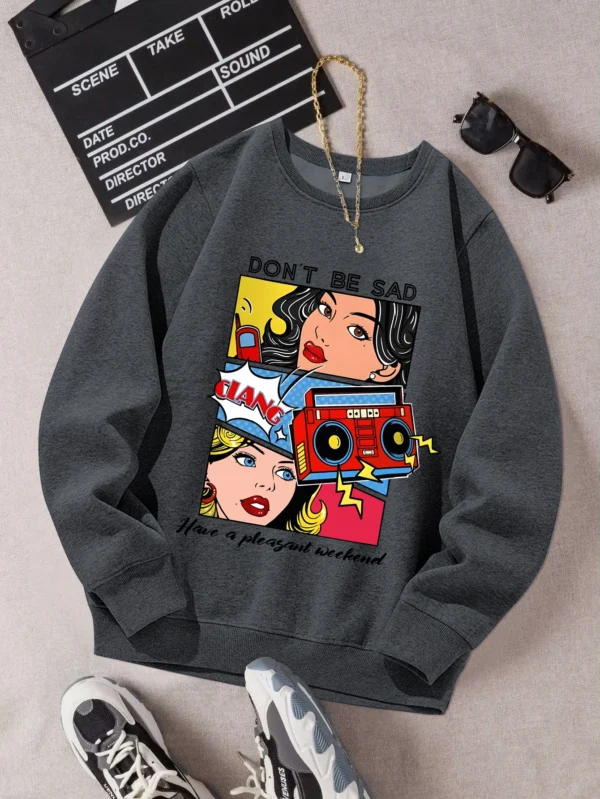 Women's casual warm fleece sweatshirt with a cartoon graphic print.