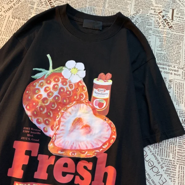 Unisex t-shirt with American retro strawberry graphic print. Loose fit