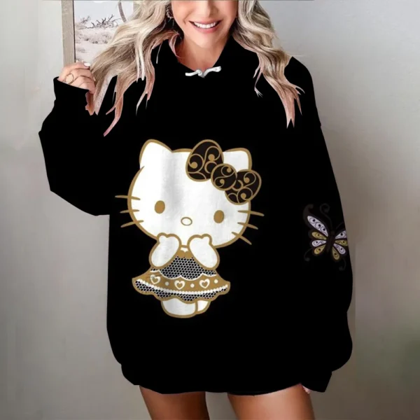 Women's black and white oversized Hello Kitty sweatshirt with long sleeves. Y2K style loose fit pullover top.