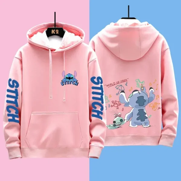 Couple wearing matching grey Disney Stitch pullover hoodies sweatshirt set - official licensed apparel.