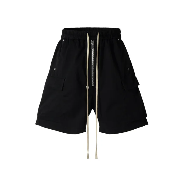 Men's black knee-length cargo pants with drawstring and multiple pockets.
