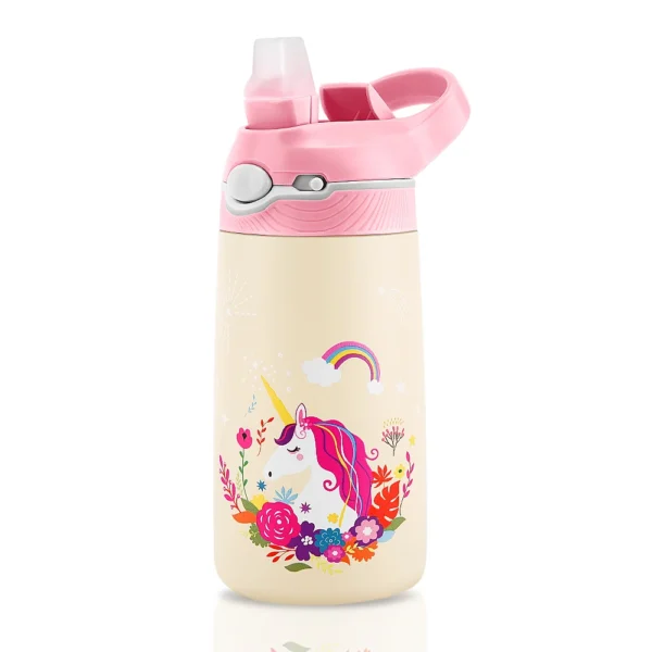 Pink and white unicorn kids insulated stainless steel water bottle 400ML BPA-free.
