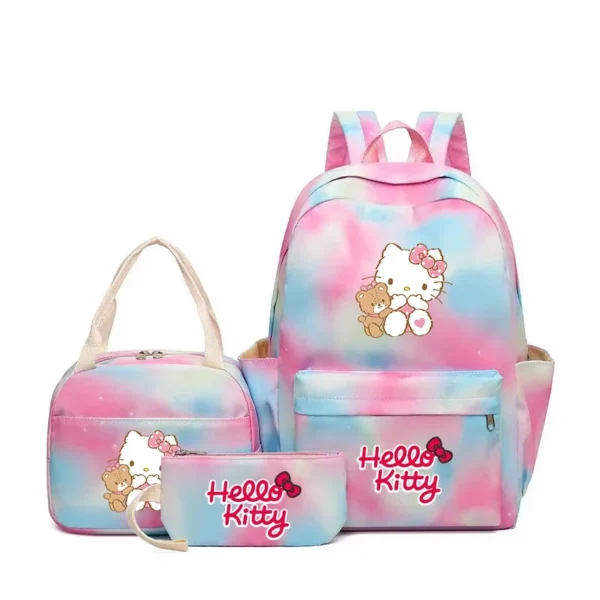 MINISO Kuromi and Cinnamoroll large capacity nylon backpack set with matching lunch bag and pencil case.