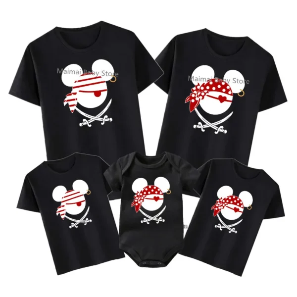 Family in matching funny Disney pirate shirts with Mickey and Minnie ears design for vacation.
