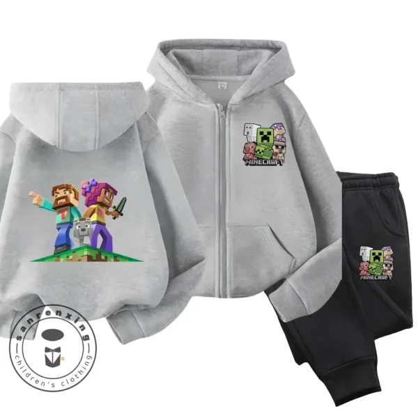 Child wearing Minecraft themed zipper hoodie and matching pants set with hood up.
