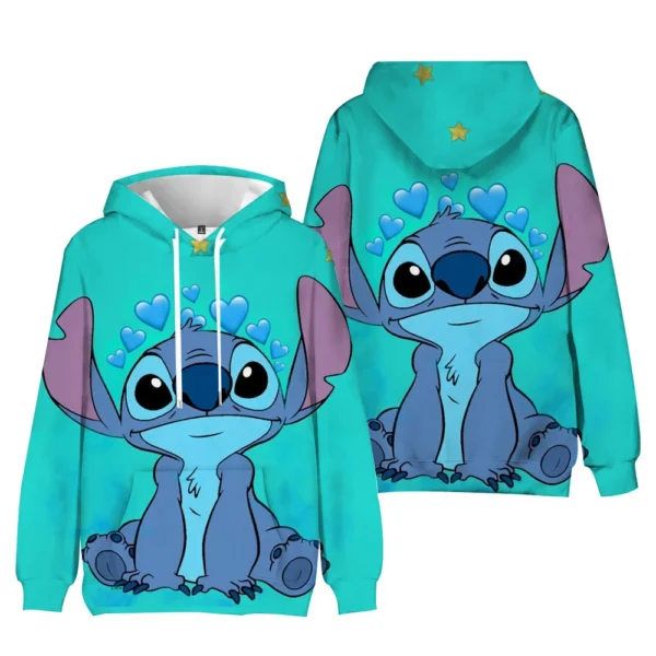Kawaii Stitch unisex hoodie featuring a cute blue cartoon character print on a comfortable loose-fit sweatshirt.