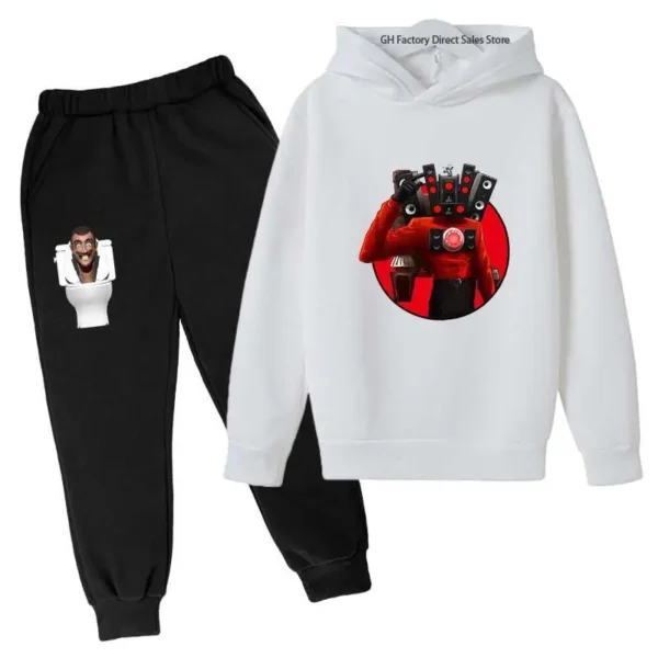 Kids Skibidi Toilet funny cartoon print hoodie and pants tracksuit set (ages 3-13) - front view. ```