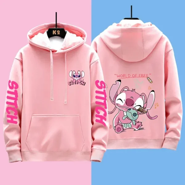 Couple wearing matching grey Disney Stitch pullover hoodies sweatshirt set - official licensed apparel.