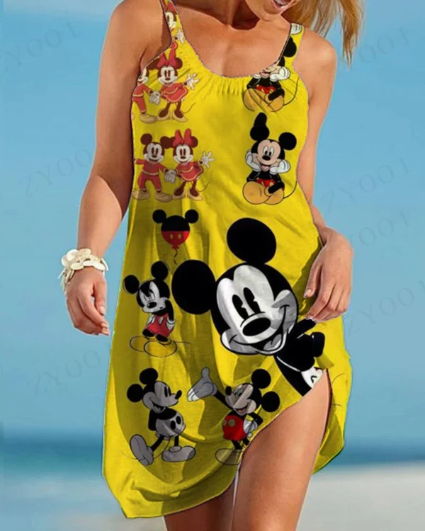 Woman wearing Disney Mickey & Minnie print ruffled summer camisole dress with A-line skirt.