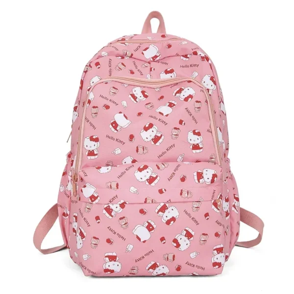 MINISO Sanrio kids school backpack featuring a cute pink and purple Kuromi and Cinnamoroll cartoon print design.