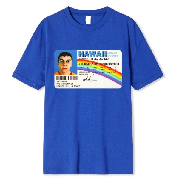 Black cotton t-shirt displaying the funny McLovin Hawaii ID card graphic from the Superbad movie.