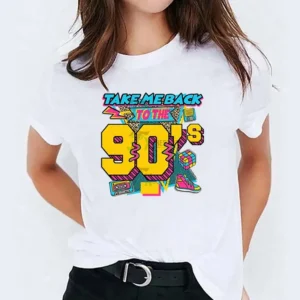 Woman wearing white loose-fit graphic tee with 'Take Me Back To The 90s' text print.