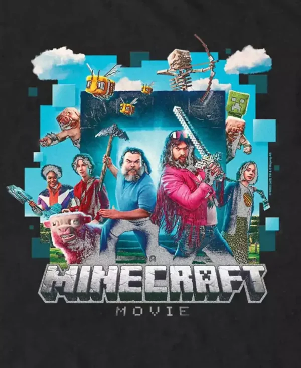 Men's cotton t-shirt featuring Minecraft Movie characters (Adventure Gang) print. Official Fifth Sun gaming apparel.