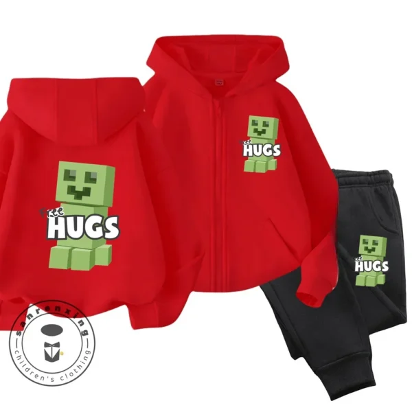 Child wearing Minecraft themed zipper hoodie and matching pants set with hood up.