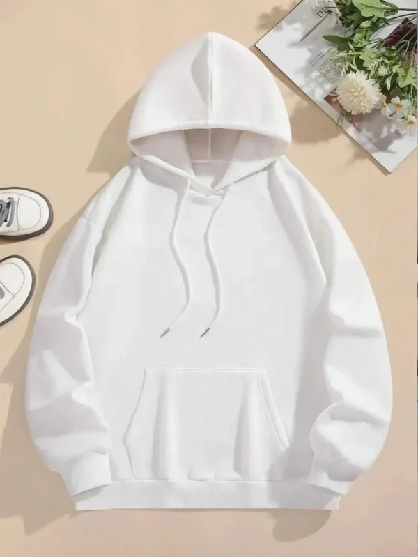 Woman wearing a comfortable warm fleece hoodie with a scenic Seoul print design and artificial fur lining visible inside the hood.