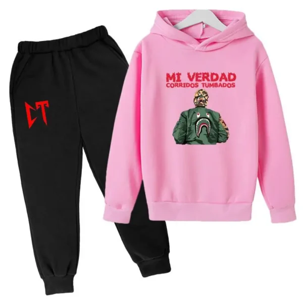 Kids unisex Corridos Tumbados print tracksuit set with pullover hoodie and pants - front view.