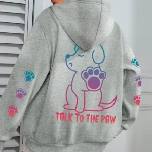 Grey fleece pullover hoodie for women with funny 'Talks To The Paw' dog print.