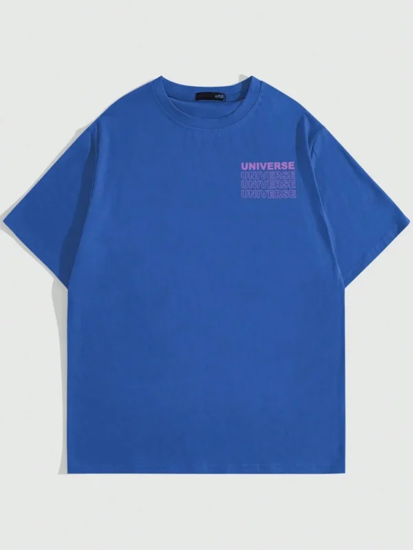 Man wearing the black 'Secret of the Big Bang' universe graphic cotton t-shirt for summer streetwear.