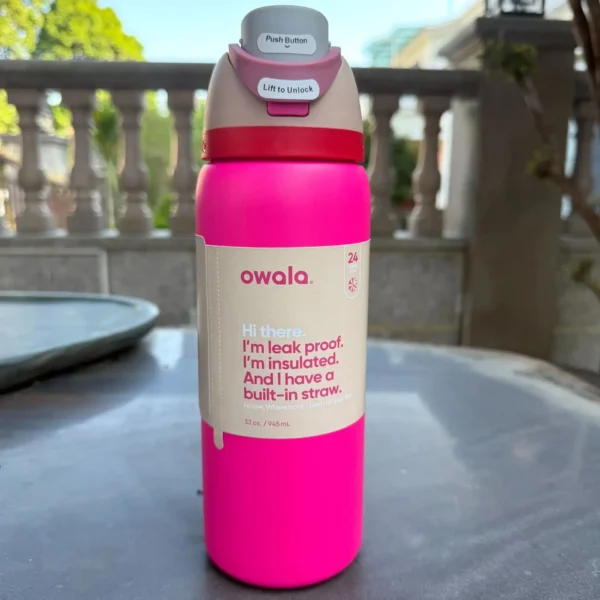 Owala FreeSip 24oz stainless steel water bottle with straw and carry loop.