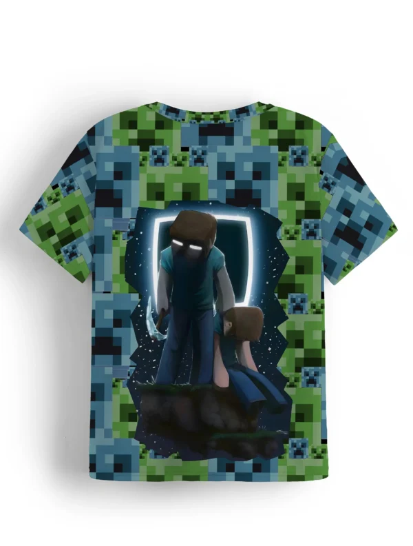 Front view of boys' short sleeve Minecraft t-shirt with colorful cartoon gaming print.