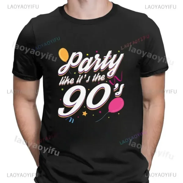 Woman wearing a white 'I Love The 90s / Take Me Back To The 90s' retro graphic tee against a plain background.