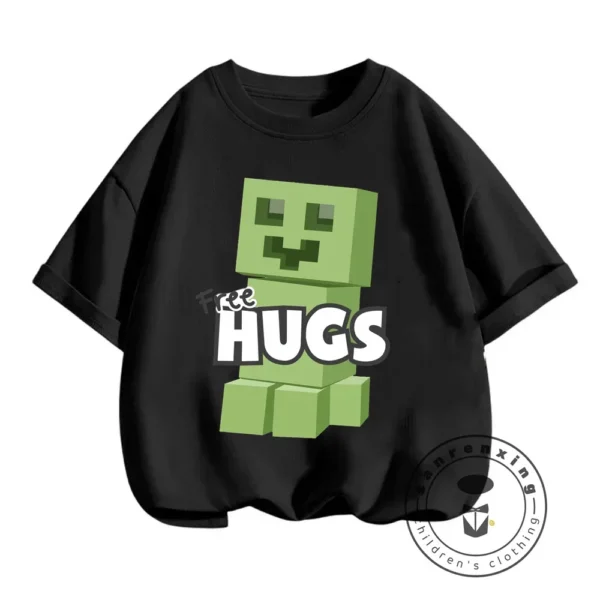 Front view of a boys short-sleeve O-neck t-shirt with a Minecraft graphic print.