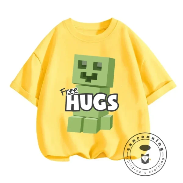 Front view of a boys short-sleeve O-neck t-shirt with a Minecraft graphic print.