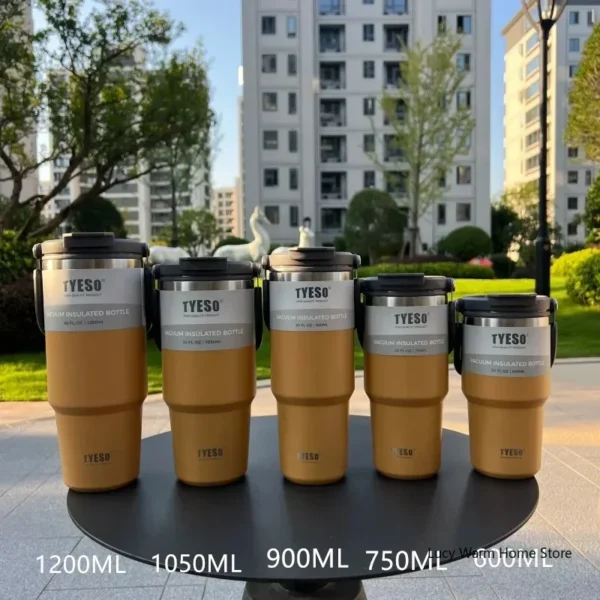 Tyeso vacuum insulated stainless steel travel mug for hot and cold drinks.