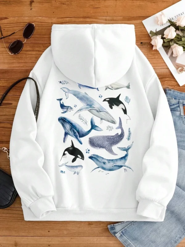 detailed ocean whale graphic print on the front.