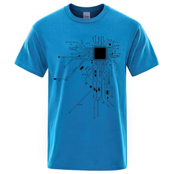Men's cotton t-shirt featuring a detailed white CPU processor circuit diagram graphic on a dark background.