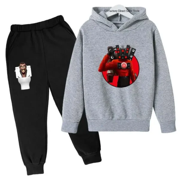 Kids Skibidi Toilet funny cartoon print hoodie and pants tracksuit set (ages 3-13) - front view. ```