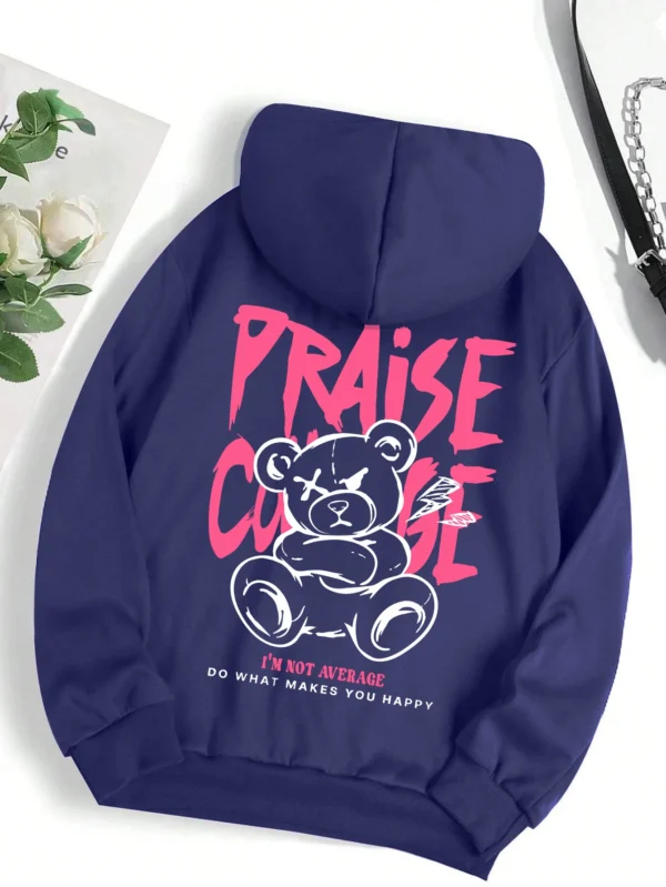 Woman wearing cute bear print fleece-lined hoodie warm autumn streetwear sweatshirt.